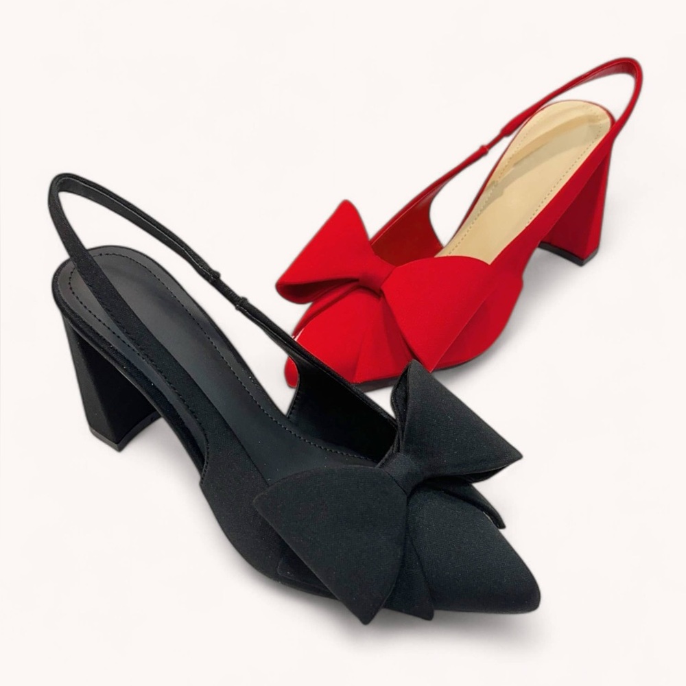 Bow Detail Slingback Block Heels: Black Only